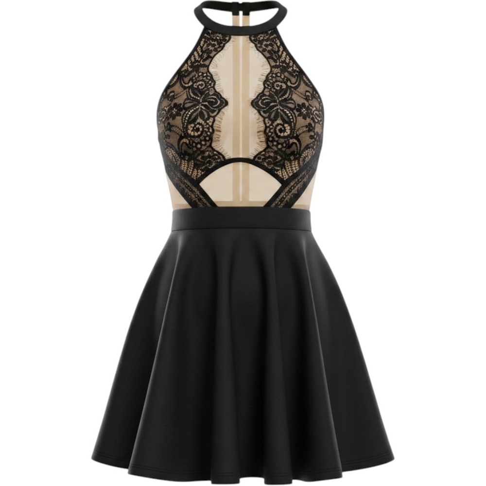 Luxxel Black Lace Illusion Halter Skater Mini Dress Nude Mesh Cut Out Medium